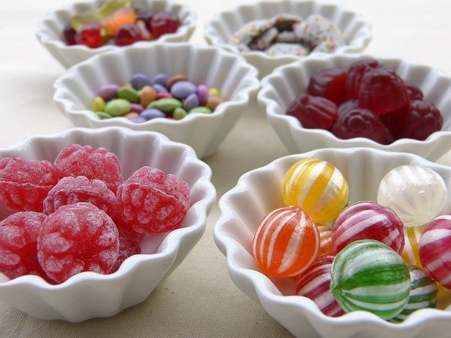 bowls of colored candy