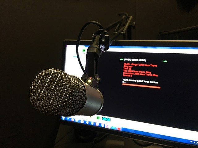 microphone and computer screen in studio