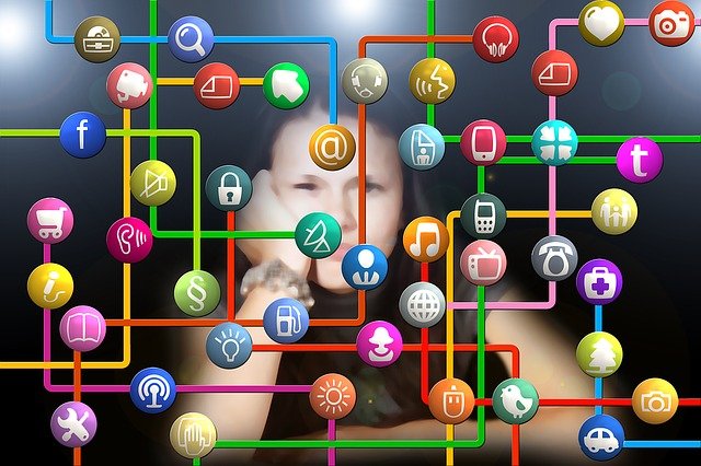 digital marketing icons and woman in background